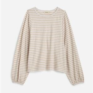 Madewell Long Balloon-Sleeve Crewneck Tee Womens M White Tan Stripe Relaxed Fit